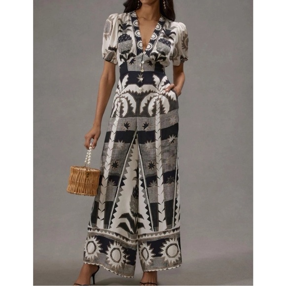 FARM Rio Pants - Farm Rio Puff-Sleeve Linen Jumpsuit Black White Size Medium Petite